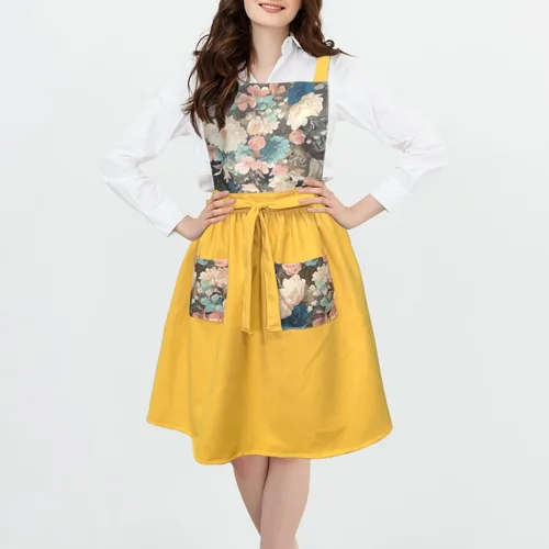 Miniatura 6 de Delantal Vintage Lindo para Mujer con Bolsillos, Delantal con Espalda Cruzada para Cocinar, Hornear, Cocina, Jardinería Amarillo