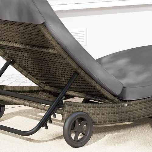 Miniatura 9 de Outsunny Tumbona de mimbre para exteriores de ratán de polietileno acolchado para patio, tumbona con respaldo ajustable de 5 niveles y ruedas
