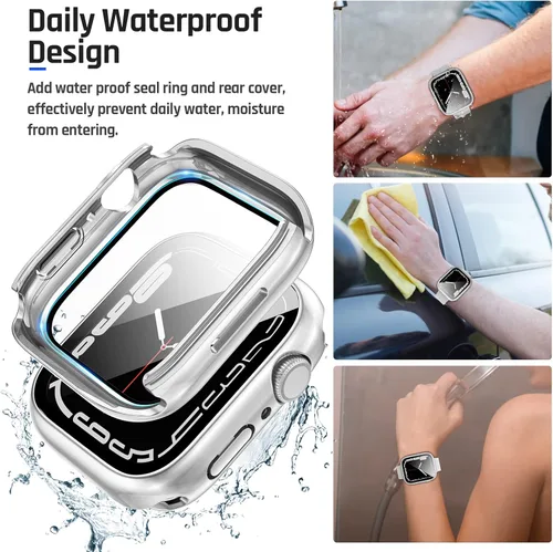 Miniatura 4 de Goton Funda impermeable 2 en 1 para Apple Watch Series 9, 8, 7, protector de pantalla de 1.772 pulgadas, cubierta protectora de vidrio 360, Plateado