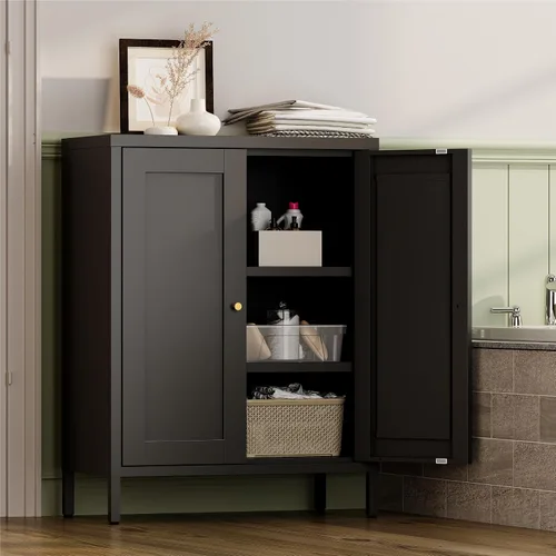 Miniatura 2 de YAUWOH Armario pequeño de metal, armario de almacenamiento de baño con 2 estantes ajustables y 2 puertas, aparador independiente para espacios Negro