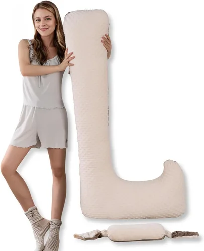 AngQi L-Shaped Pregnancy Pillow for Adults, Dual-Sided Velvet with Mini Kids Throw Pillow Set, Full Body Support for Side Sleepers, 55 Inch