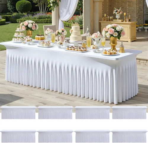 Miniatura 36 de Paquete de 2 manteles de spandex para mesas rectangulares de 8 pies, mantel elástico rosa de 8 pies, manteles ajustados, falda de mesa para fiestas