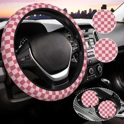 Miniatura 21 de Funda de volante a cuadros para mujeres, funda universal para volante de automóvil de 14-15 pulgadas, accesorios interiores para automóvil, con 2