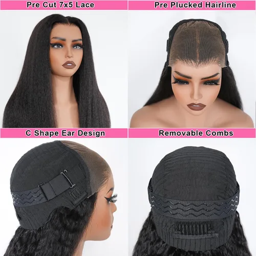 Miniatura 2 de Domiso Peluca con cierre sin pegamento, pre cortada, 7x5, de encaje, lacio rizado, frontal de encaje, de cabello humano para mujeres