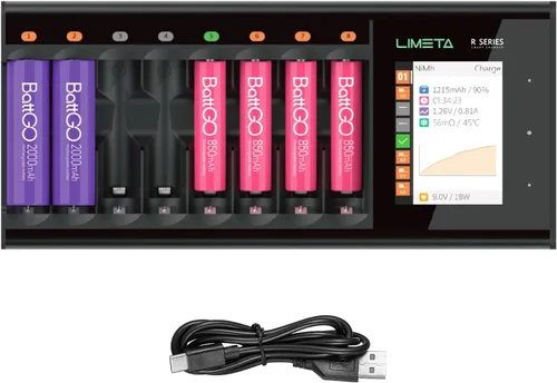LIMETA Cargador de batería AA AAA, cargador de baterías AA recargables de 8 bahías, cargador de batería rápido inteligente USB con pantalla LCD,