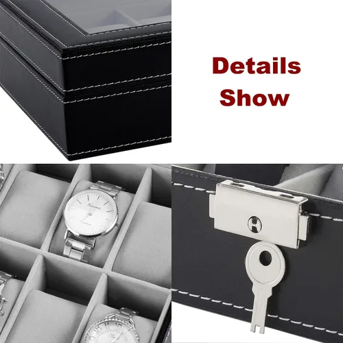 Miniatura 5 de Caja de reloj con 12 ranuras para reloj, organizador con parte superior de cristal, caja de almacenamiento de reloj negra para hombres y mujeres