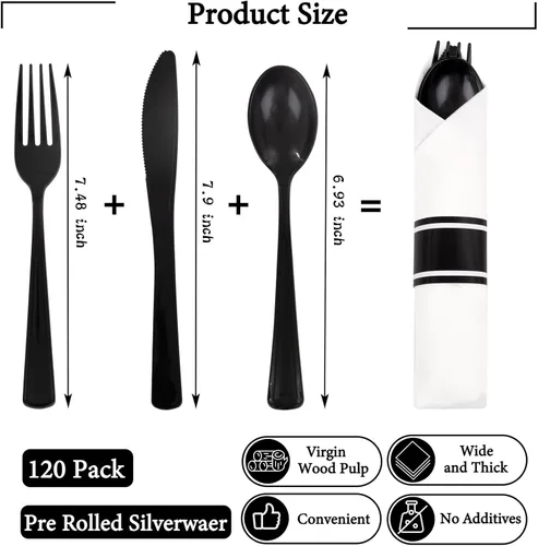 Miniatura 2 de Supernal Paquete de 120 cubiertos de plástico negro, cubiertos enrollados desechables, juego de cubiertos preenvueltos con servilleta, utensilios