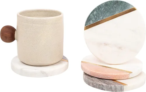 Miniatura 2 de GoCraft Juego de 4 posavasos redondos de mármol, posavasos de piedra multicolor hechos a mano con incrustaciones de latón dorado, elegantes