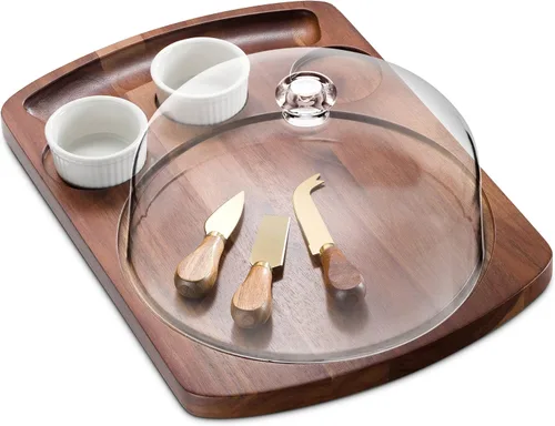 Miniatura 3 de Godinger Juego de tabla de quesos y cuchillos, cúpula acrílica y cuencos de inmersión, juego de tablas de charcutería de madera de acacia, tablas