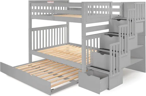 Miniatura 4 de Bedz King Literas de escalera de tamaño matrimonial sobre matrimonial con 4 cajones en los escalones y un nido completo, color gris Cerezo oscuro