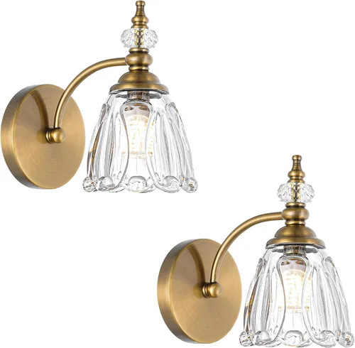 Juego de 2 Apliques de Pared de Latón Vintage, Accesorios de Luz de Tocador de Baño de Oro Cepillado, Apliques de Pared Cableados Decorativos Juego