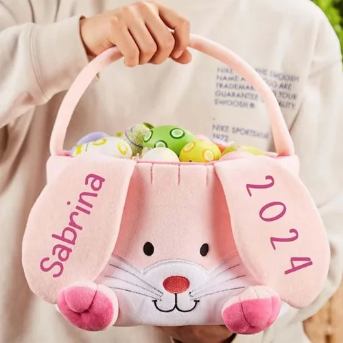 Miniatura 2 de Personalized Bunny Easter Basket, Custom Embroidered Monogram Easter Bucket Plush Easter Basket Kids Easter Gift Perfect for Toys and Candy