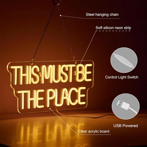 Miniatura 3 de Letrero de neón con texto en inglés «This Must Be The Place» para decoración de pared, luz LED de neón regulable, alimentada por USB (blanco cálido)
