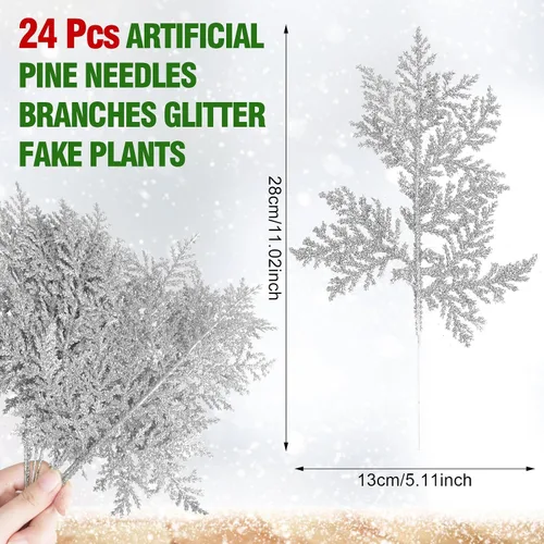 Miniatura 2 de DIYASY Ramas de relleno de árbol de Navidad, hojas de aguja de pino artificial con purpurina de 11 pulgadas, ramas florales, adornos de hojas