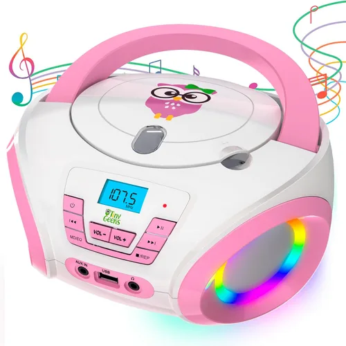 Miniatura 8 de TinyGeeks Tunes Reproductor de CD para niños Boombox - NUEVO 2023 - Radio FM - Baterías incluidas - Linda radio CD blanca con altavoces para niños