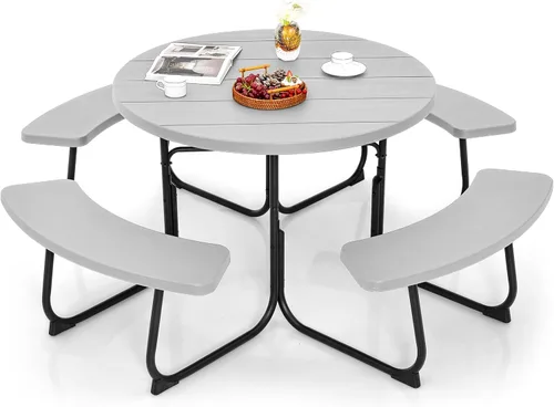 Miniatura 18 de Giantex Juego de mesa de picnic para 8 personas, mesa y banco al aire libre con agujero para paraguas, parte superior de polietileno de alta Verde