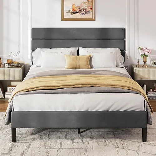 Miniatura 22 de WLIVE Base de cama tapizada, marcos de cama individual con cabecero, cama de plataforma con listones de madera, base de colchón de 600 libras,