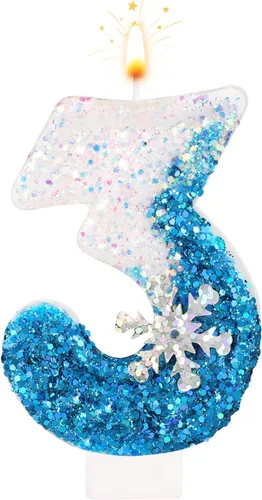 Miniatura 10 de Velas de cumpleaños del 0 al 9, velas de números con purpurina de copo de nieve, decoración de pasteles blancos y azules para niños y adultos