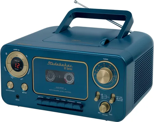 Reproductor de CD estéreo portátil con Bluetooth, radio estéreo AM/FM y reproductor/grabador de casete (color azul)