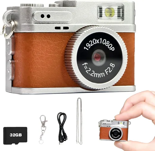 Mini cámara retro, cámara con llavero 1080P, grabadora de video digital vintage con tarjeta de 32 GB, micro grabadora HD retro de 0.96 pulgadas para