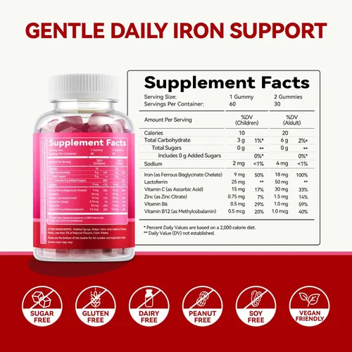 Miniatura 8 de Gomitas de suplemento de hierro con lactoferrina, vitamina C, B6, B12 y zinc, suaves, veganas, sin azúcar, apoya la sangre saludable, la salud
