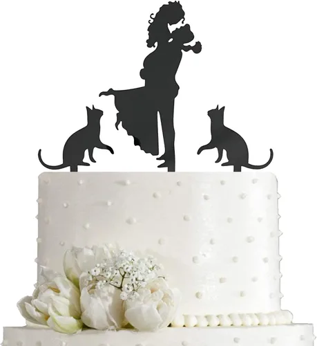 Miniatura 4 de Decoración para tarta de boda - Novia sosteniendo al novio con flores junto a 2 perros de mascota silueta decoración de tarta (Negro)