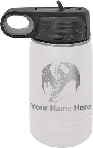 Miniatura 11 de LaserGram Botella de agua con tapa abatible de doble pared de 12 onzas con pajilla, dragón, grabado personalizado incluido (negro)