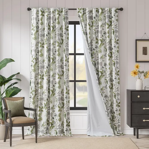 Miniatura 13 de Jinchan Cortinas de lino para sala de estar de 63 pulgadas de largo, con estampado de hojas tropicales, cortinas botánicas de lino estilo rústico