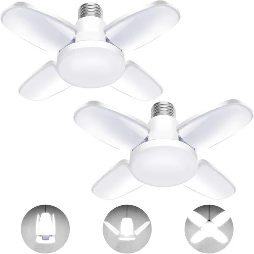 Paquete de 2 bombillas LED de garaje, mini luces LED de techo de garaje de 50 W, 4 paneles ajustables, bombilla LED de garaje de 5000 lúmenes, luz