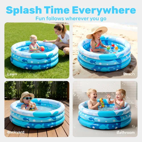 Miniatura 6 de Sloosh Piscina inflable para niños, piscina inflable de 34 x 10 pulgadas, 3 anillos azules para bebés, hoyo de juego para perros