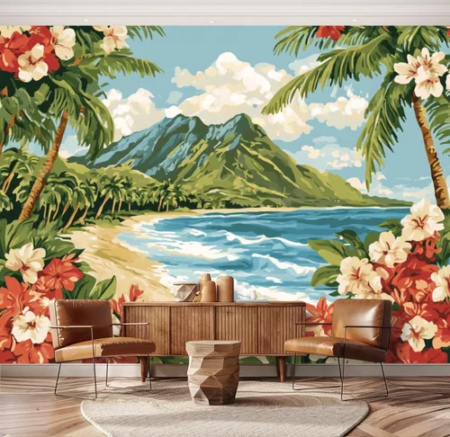 Miniatura 15 de Hawaii - Mural de pared retro exótico exótico tropical con olas de playa, paisaje, vintage, despegar y pegar, autoadhesivo, extraíble, adhesivo