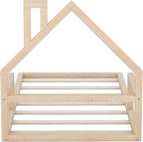 Miniatura 7 de Harper & Bright Designs Cama de piso de casa tamaño individual para niños con cabecero, listones de madera, no necesita somier, natural Natural Con