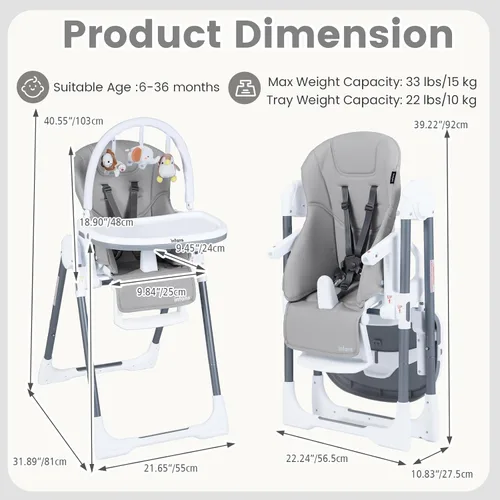 Miniatura 8 de INFANS Silla alta para bebés y niños pequeños, silla alta plegable con 7 alturas diferentes, 4 respaldos reclinables, 3 ajustes, bandeja extraíble
