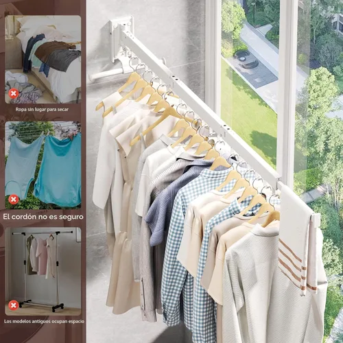 Miniatura 5 de ZdwCyl Tendedero de Ropa, Tendedero de Lavandería Montaje en Pared, Perchero de Ropa Montado en la Pared, Retráctil, Plegable (Tri-Fold), Tendedero