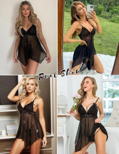 Miniatura 2 de Camisón Avidlove, lencería de encaje, babydoll, cuello en V, satinado, para mujer