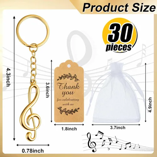 Miniatura 2 de Taiyin Juego de 15 llaveros de notas musicales con bolsas de organza, baratijas de metal g para decoración de recuerdos de fiesta de boda (dorado)