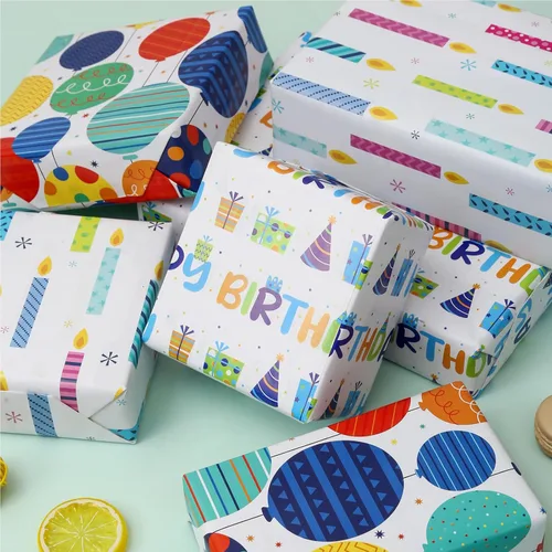 Miniatura 7 de BULKYTREE Papel de regalo de cumpleaños para niños, niñas, niños, hombres y mujeres, fiestas de vacaciones, 3 hojas grandes, globos
