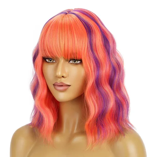 Miniatura 32 de BERON 14 Inches Ash Blonde Wig with Bangs Short Curly Wig Short Ash Blonde Bob Synthetic Wigs for Women Daily Halloween Party or Cosplay Hairnet