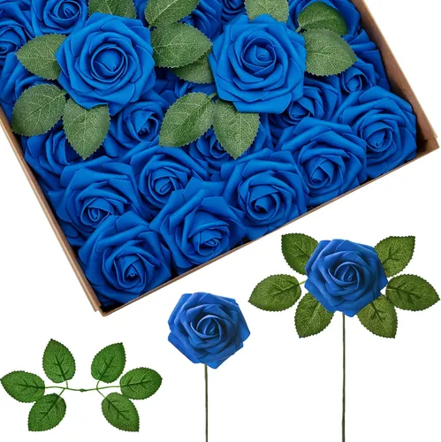 InnoGear Flores artificiales, 50 rosas falsas de espuma azul real a granel con tallos para decoración, celebración, bricolaje, ramos de boda,