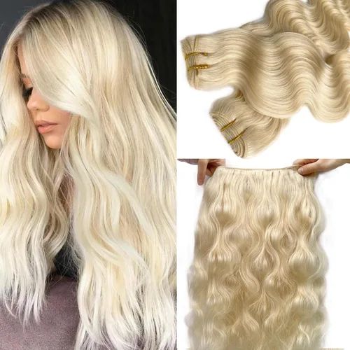 Miniatura 17 de Extensiones de cabello humano real con trama cosida, atadas a mano, color rubio ceniza a rubio con reflejos, extensiones cosidas con trama