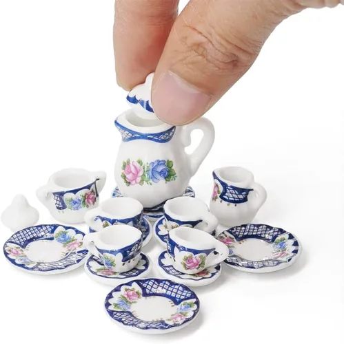 Miniatura 7 de Odoria 1:12 Miniatura 15pcs porcelana azul Chintz taza de té Set (azul)
