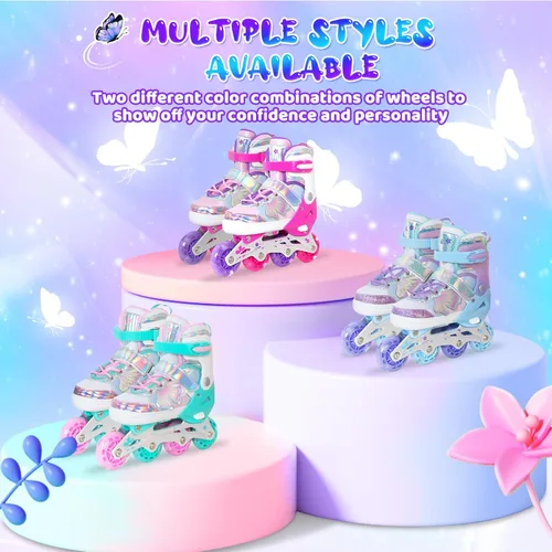 Miniatura 6 de MammyGol Patines en línea para niñas y niños, 4 tamaños ajustables, patines de mariposa con ruedas intermitentes de colores vibrantes, patines