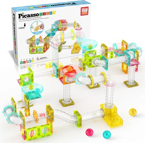 Miniatura 9 de PicassoTiles Carrera de Canicas Juego de 60 piezas, pista de carreras, bloques de construcción magnéticos, juguete educativo, kit de construcción