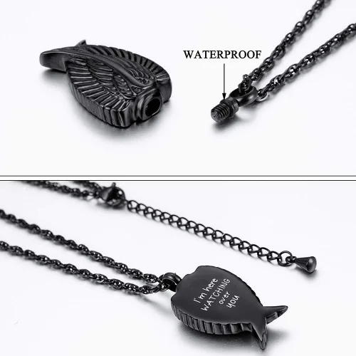 Miniatura 3 de Collar de cremación de ala de ángel para cenizas de acero inoxidable, colgante de urna para cenizas, joyería conmemorativa, estoy aquí viendo sobre