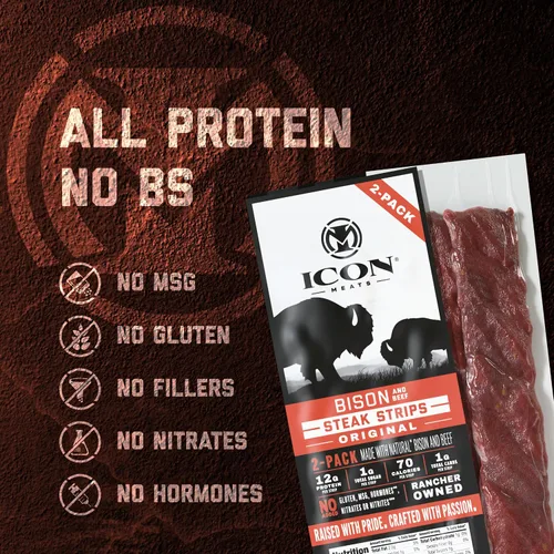 Miniatura 5 de ICON Meats - Tiras de carne seca de bisonte y carne de res, sabor original, 8 paquetes por caja, 2 tiras por paquete, aprobadas por el USDA, palitos