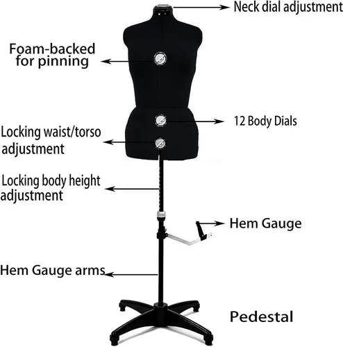Miniatura 2 de BHD BEAUTY Vestido de maniquí ajustable de tela negra con 13 diales para costura, torso corporal de maniquí con soporte para triples cápsulas, Negro