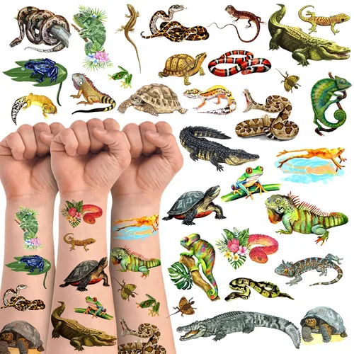 Tatuajes temporales de reptiles, 16 hojas, 100 piezas de calcomanías con temática de reptiles, suministros de decoración de fiesta, recuerdos de