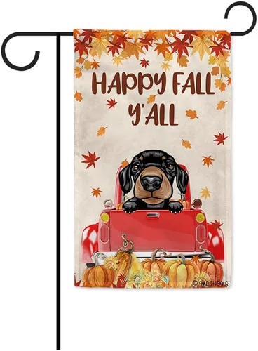 Miniatura 19 de Bandera con texto en inglés «Happy Fall Y'all» con diseño de perro inteligente con calabaza en camión rojo y hojas de arce, pancarta de otoño