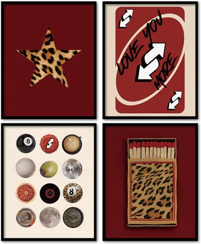KDHTY Juego de 4 Impresiones Artísticas de Pared Retro Rojas de Moda, Pósters de Arte de Pared Funky Retro Y2K Leopardo Caja de Cerillas Estrella
