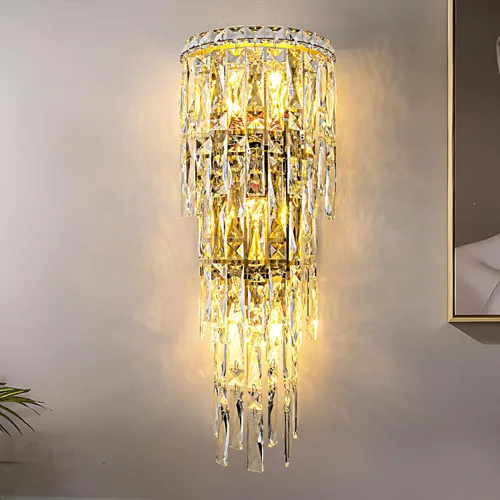 Aplique de pared moderno de cristal K9, lámpara de pared con acabado dorado, lámpara de pared de cristal acrílico con gotas de 3 niveles para mesita